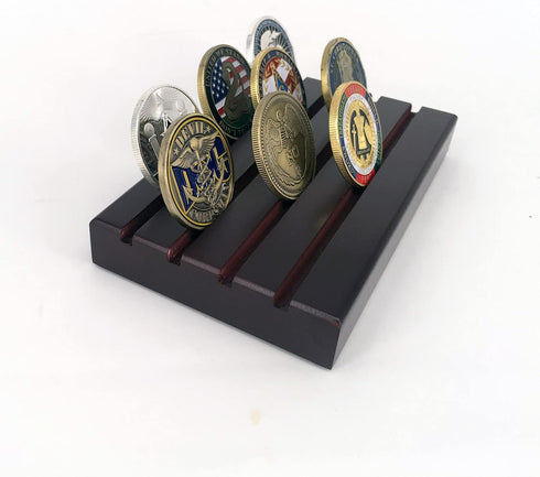 Glamtune 4 Rows Coin Holder, Military Coin Display Stand Rack (Wood)
