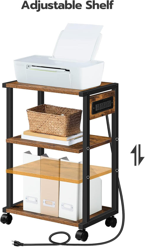 HOOBRO 3-Tier Industrial Printer Stand with Charging Station, Rolling Printer Cart, Adjustable Shelf and Hook, Rustic