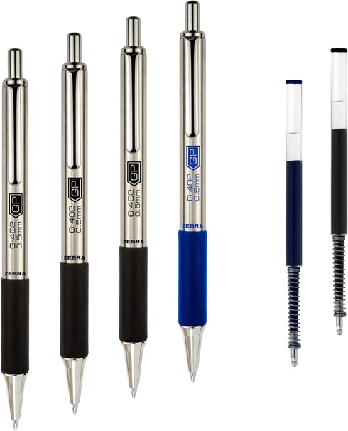 Zebra Pen G-402 Stainless Steel Retractable Gel Pen, Premium Metal Barrel, Fine Point, 0.5mm, Black and Blue Ink, 4-Pack