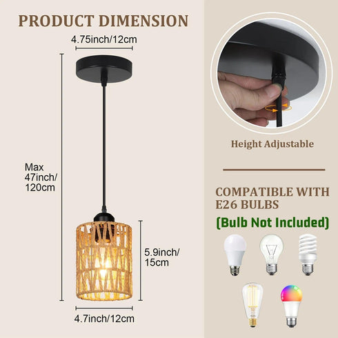 Pendant Light Boho Farmhouse Decor Hanging Lamp - Rattan Hanging Lights Woven Shade - Ceiling Light Fixtures
