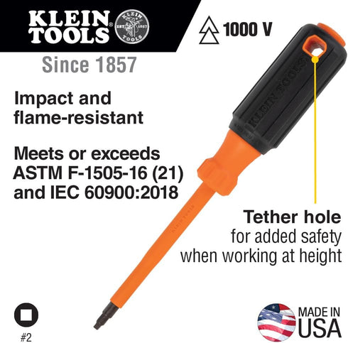 Klein Tools 6844INS Insulated Screwdriver, 1000V #2 Square Tip with 4-Inch Shank, Cushion-Grip Handle