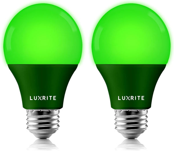 LUXRITE A19 LED Green Light Bulb, 60W Equivalent, Non-Dimmable, E26 Base, Indoor Outdoor, 2 Pack