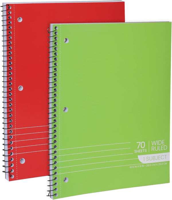 Spiral Notebooks, 1-Subject Wide Ruled Notebooks - 70 Sheets - 3 Hole Punched, Assorted Colors - (2 Pack)