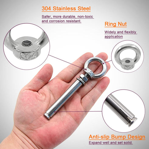 M8* 100 mm Expansion Screw with Eye Ring Anchor, 304 Stainless Steel 5 Pack (Ring Lifting Expansion Eyebolt)