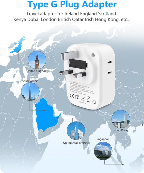 LENCENT US to UK Ireland Travel Plug Adapter, Grounded Type G Outlet Adaptor with 4 USB Charger(2 USB C), 4 Outlets Converter for USA to Dubai Scotland British London England Hong Kong Irish Qatar