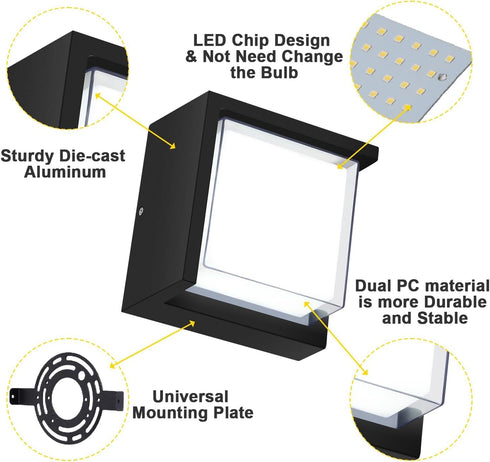 6000K 12W Outdoor Wall Light, Daylight Small Anti Rust Exterior Wall Lighting Fixtures, Black Square Wall Mount LED