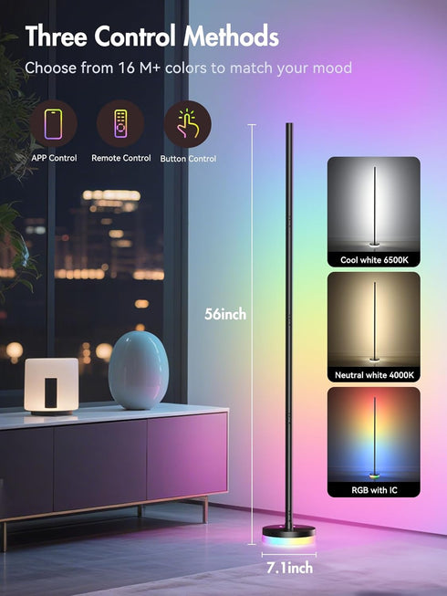 1300lm OIYN Corner Floor Lamp, RGBICW LED Corner Lamp with Smart Modern Floor Lamp,App & Remote Control,Music