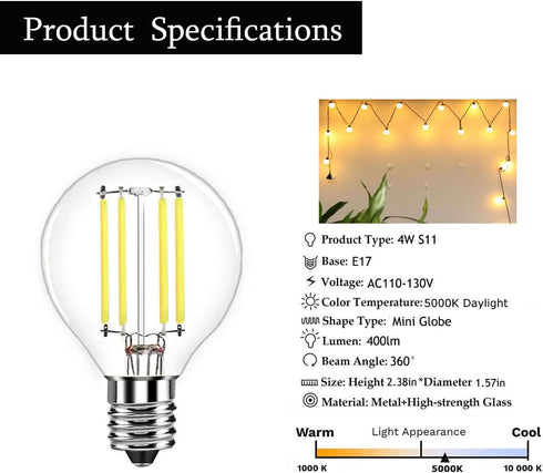 5-Pack S11 LED Bulbs E17 Intermediate Base Edison Globe Light Bulbs 40 Watt Equivalent,5000K Daylight 4W for Bedside Lamp Bulb,Lava Lamps,Glitter Lamps Non-dimmable by Greeogin