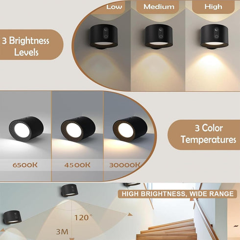 360 Dimming 2000mAh, 3 5 6500K LED Wall Sconce, Cordless Wall Light, Remote Control Touch Wall Light, Two-Way Lighting