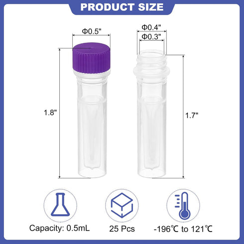 PATIKIL 0.5ml Plastic Cryogenic, 25Pcs Self Standing Cryogenic Vial Screw Top Frozen Test Tube for Lab Laboratory Science, Purple Cap