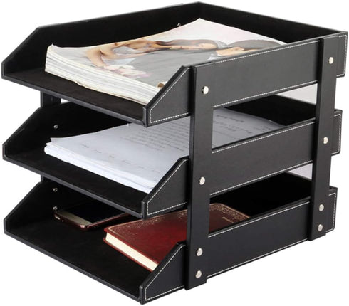 Leather Desk File Organizer, 3-Layer Stackable Tray for Documents, Folders, Stationery, and Other Home Office Sundries