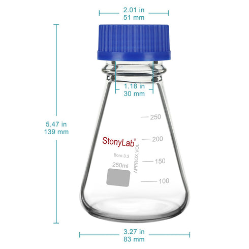 stonylab Erlenmeyer Flask with Blue Screw Cap Graduated Lab Borosilicate Glass Conical Flask, 250 ml