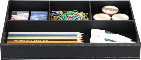 4 KINGFOM Pu Leather Desk Organizer Tray, Compartment Office Storage Supplies Stationery Drawer Tray, Nightstand