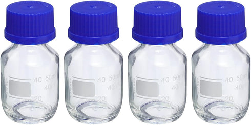 PATIKIL 50mL Reagent Media Bottle, 4Pcs Round Graduated Glass Storage Bottle with Blue Screw Cap for Chemistry Lab