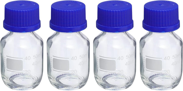 PATIKIL 50mL Reagent Media Bottle, 4Pcs Round Graduated Glass Storage Bottle with Blue Screw Cap for Chemistry Lab