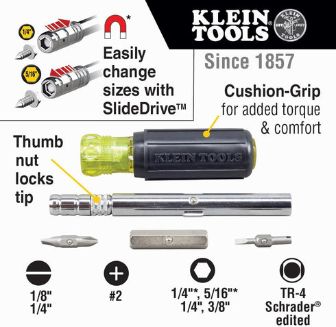 Klein Tools 32596 Magnetic 8-in-1 Multi-Bit Screwdriver/Nut Driver with Hex, Phillips, Schrader Bits, Nut Drivers