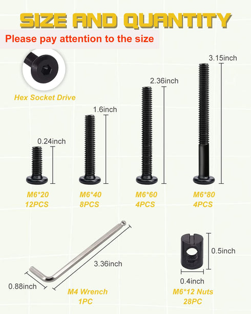 CZXNBI 28 Set Set,M6x20/40/60/80 mm Crib Screws Hardware Replacement Kit - Baby Bed Frame Bolts &Barrel Nuts Hex Drive