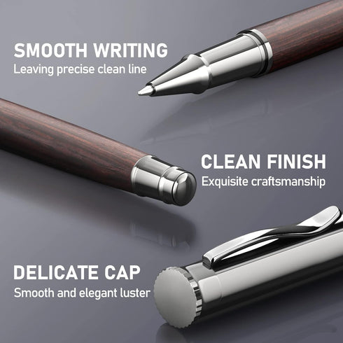 WEMATE Wood Rollerball Pen Set, Fancy Writing Pen with 2 Extra Ink Refills (1 Black & 1 Blue), Black Oak
