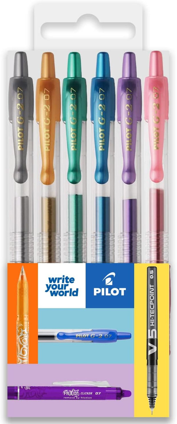 Pilot G-2 Retractable Gel Ink Rollerball Pens, 0.7mm Nib Tip, Wallet Set of 6, Metallic Tones