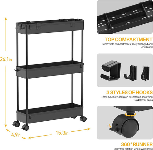 SPACELEAD 3 Tier Slim Rolling Storage Cart, Mobile Utility Organizer for Bathroom, Office, Kitchen, Laundry Room - Black