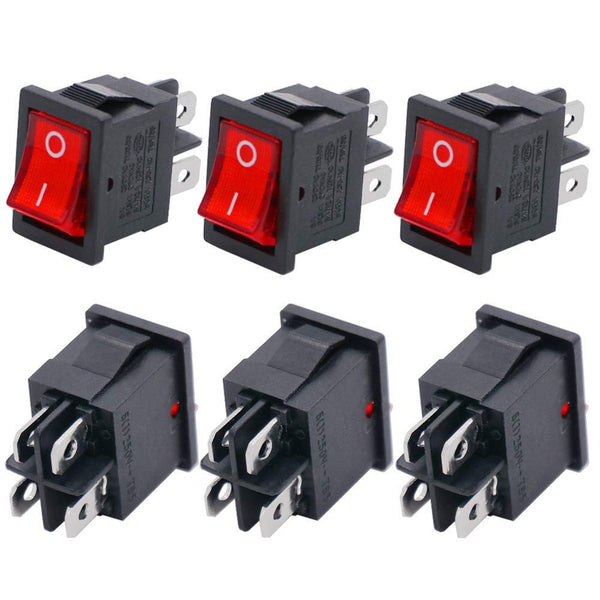 Twidec 6Pcs Rocker Switch AC 6A/125V 10A/250V DPST 4 Pins 2 Position ON/Off Red LED Light Illuminated Toggle Switch