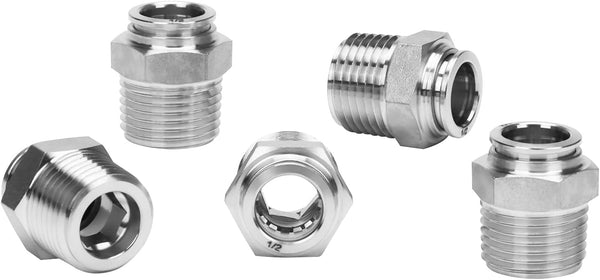 Push to Connect Fitting - 304 Stainless Steel Male Straight 1/2" Tube OD x 1/2" NPT Thread Pneumatic Fitting (Pack of 5)