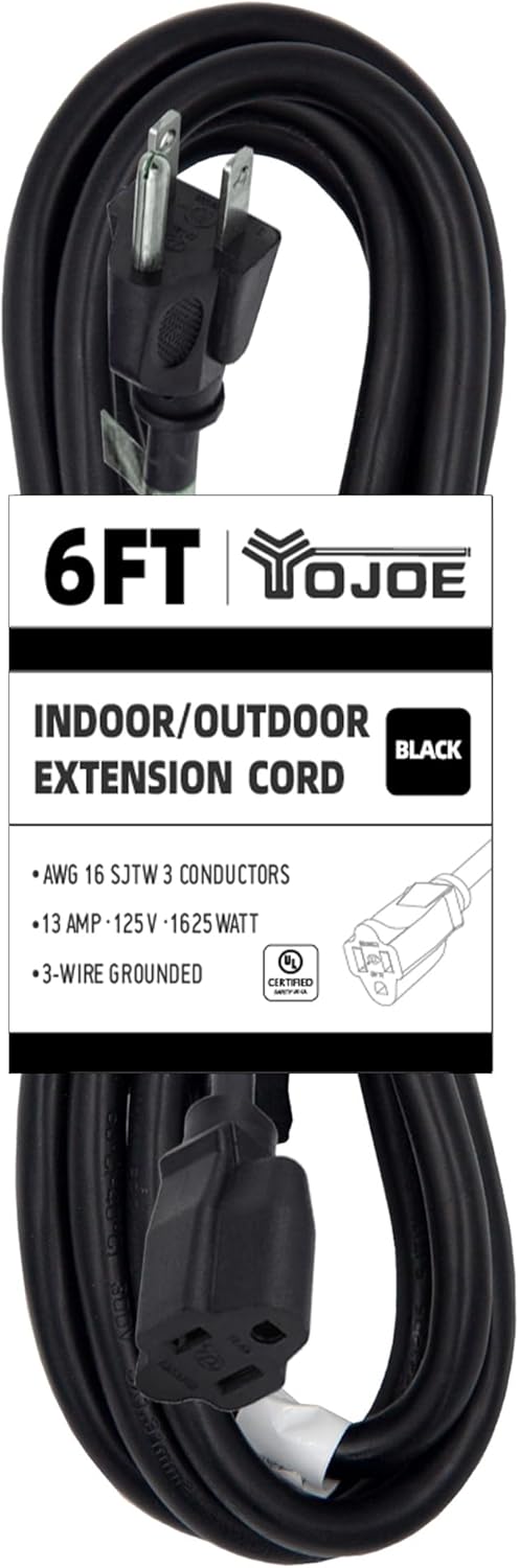 YOJOE 6 Foot Black Outdoor Extension Cord, 16/3 SJTW Waterproof Cable with 3 Prong Grounded Plug