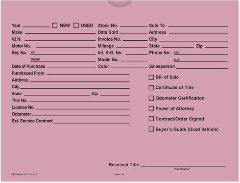 Printed Vehicle Deal Envelopes 9x12 Deal Jackets (100 shrink wrapped) (Pink)