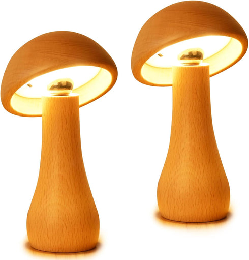 LONRISWAY 2 Pack Wooden Mushroom Lamp, Portable Cordless Small Rechargeable Battery Operated Lamp,Stepless