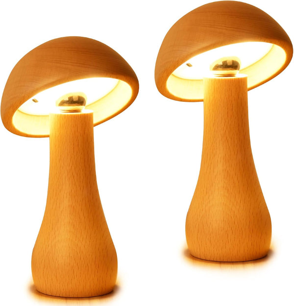 LONRISWAY 2 Pack Wooden Mushroom Lamp, Portable Cordless Small Rechargeable Battery Operated Lamp,Stepless