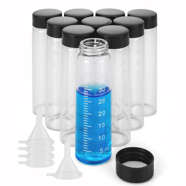 Kesell 10 Pack Clear Glass Sample Bottles 40ml Vial Empty Reusable Liquid Vials with Plastic Screw Cap & 5 Funnels