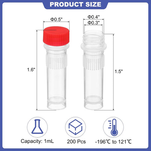 PATIKIL 1ml Plastic Cryogenic, 200Pcs Self Standing Cryogenic Vial Screw Top Frozen Test Tube for Lab Laboratory Science, Red Cap