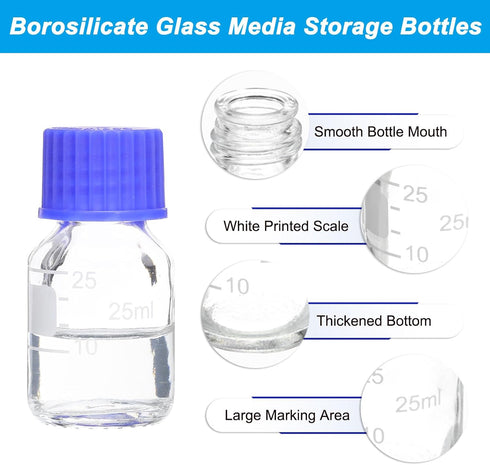PATIKIL 6 Pack Reagent Media Storage Bottles, 25ml Borosilicate Glass with GL32 Blue Screw Cap for Lab