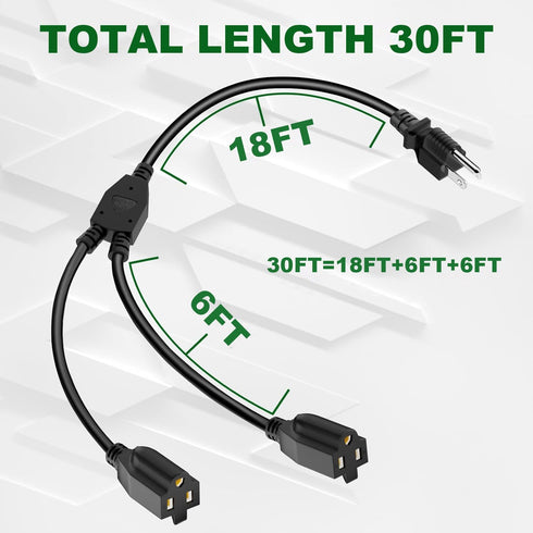 Elecan 2 30 (18+6+6)-3 1 2 Landscaping-16AWG 13A 125V-UL-1T2 Way Power Extension Cord Splitter Ft Total Prong