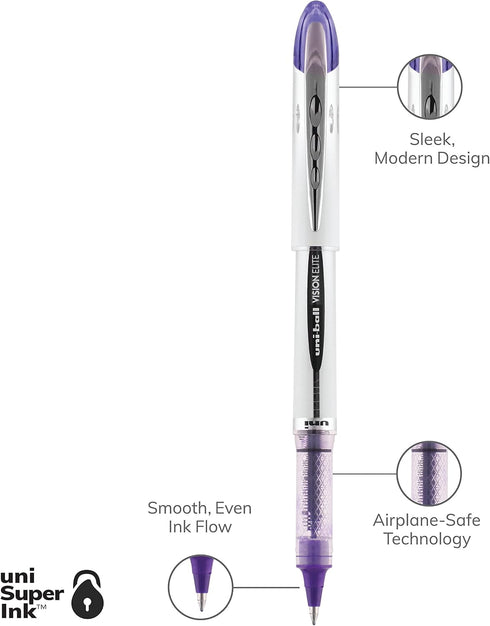 uniball Vision Elite Roller Ball Pen, Stick, Bold 0.8 Mm, Purple Ink, White/Purple Barrel