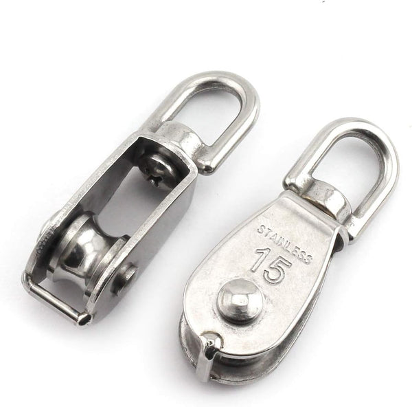 2-Pack M15 Single Pulley Block Stainless Steel Heavy Duty Hardware Swivel Rigging Lifting Wheel for 35kg