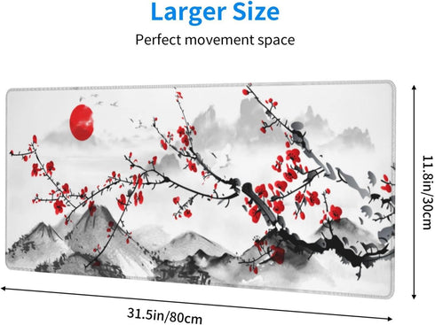 Watercolor Cherry Blossom Mouse Pad 31.5x11.8 Inch, Pink Full Desk, Non-Slip Rubber Base, Waterproof Big Keyboard Mat