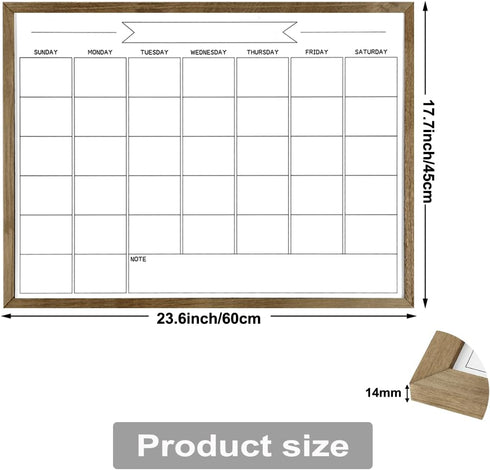TORASO 17"x 23" Dry Erase Monthly Calendar Board - Magnetic Whiteboard with Rustic Brown Frame