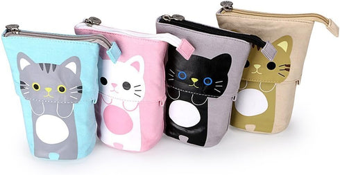 Telescopic Pencil Pouch, Cute Standing Pen Holder, Canvas+PU Storage Box with Zipper Closure (Gray)