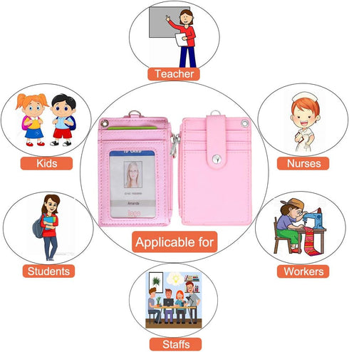 HASFINE ID Badge Holder with Lanyard, 2 Sided 5 Card Slots Wallet with PU Leather Zipper Pocket, Pink