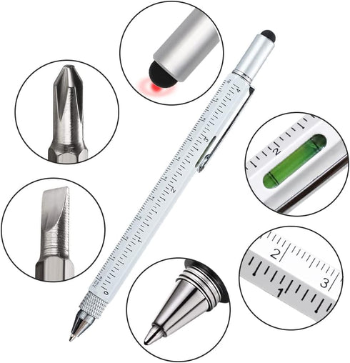 HeTaoCat Gifts Multi Tech Tool Pen, 6 in 1 Stylus Pen with Screwdriver, Ruler, Levelgauge, Ballpoint Pen (White)