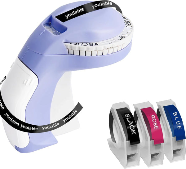 Purple Embossing Label Maker with 3 Label Tapes, Handheld Vintage 3D Embosser Label Printer for Home Office School DIY