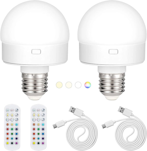 JIOODICH. 2 Pack Rechargeable LED Light Bulbs with Remote, Wireless Battery Operated Dimmable