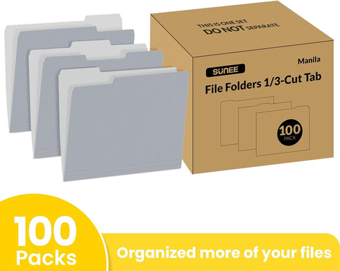 SUNEE Letter Size File Folders, 100 Pack Gray Manilla Folders 8.5 x 11 with 1/3-Cut Tabs for Office Home School