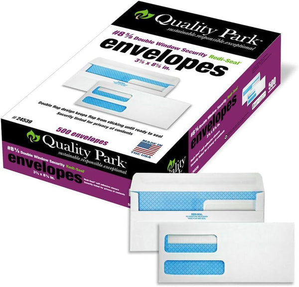 Quality Park #8 5/8 Security Envelopes, 500/Box, 24 lb White, Double Window, Self Seal, 3-5/8" x 8-5/8" (QUA24539)