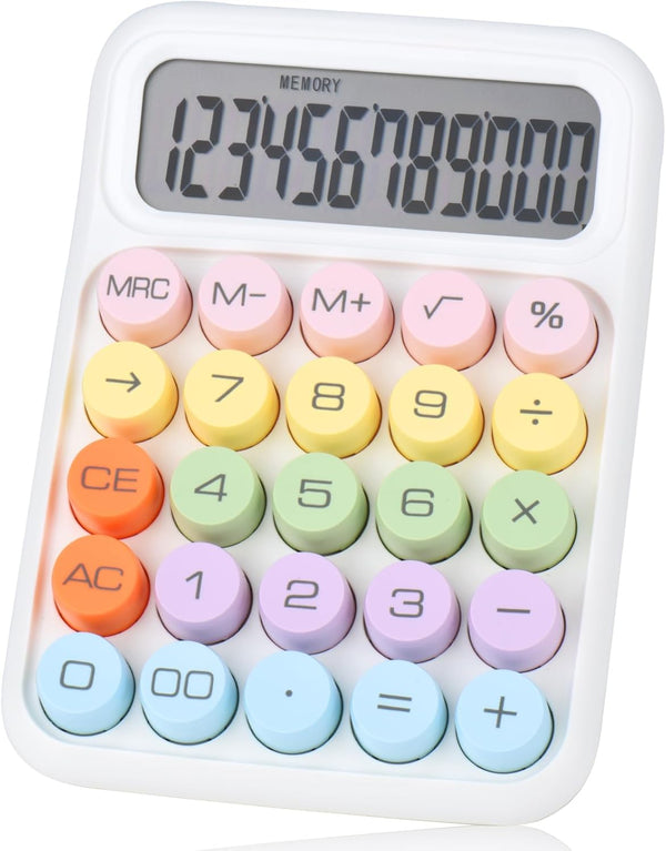 Mechanical Pushbutton Calculator, 12 Digit Large LCD Display, Big Buttons, Colorful Candy Calculator for Office and Home