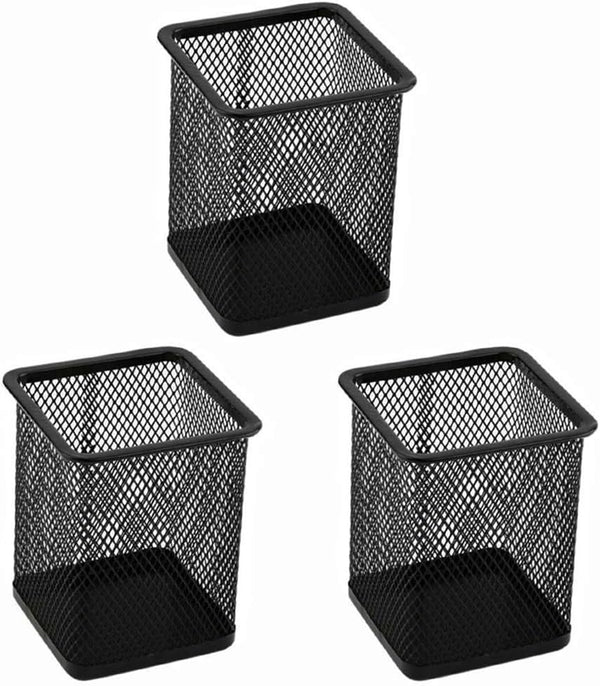 EORTA Black Metal Mesh 3 Pack Square Pen Holders, Pencil Holders, Desk Stationery Organizer Cups