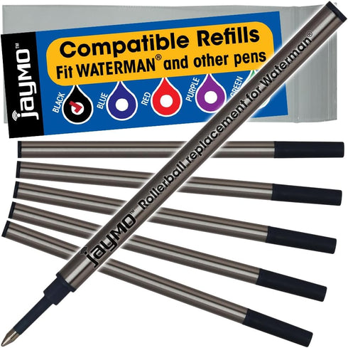 Jaymo Replacement for Waterman 540951 and Schmidt 5888 - Rollerball Pen Refill - 6 Black, Measures 4.3 in / 109 mm Long