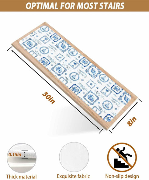 LBCASA 4 8 30 Inch Stair Treads Non Slip Indoor for Wooden Steps, Blue Nautical Ship Pcs Stair Mats for Kids Elders