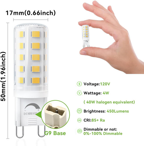 6 Pack Dimmable G9 Bulb 4W 40 6000K, T4 G9 9 Bulb 120V 450LM TJOY LED Equivalent Watt, Daylight White Bi-pin Base